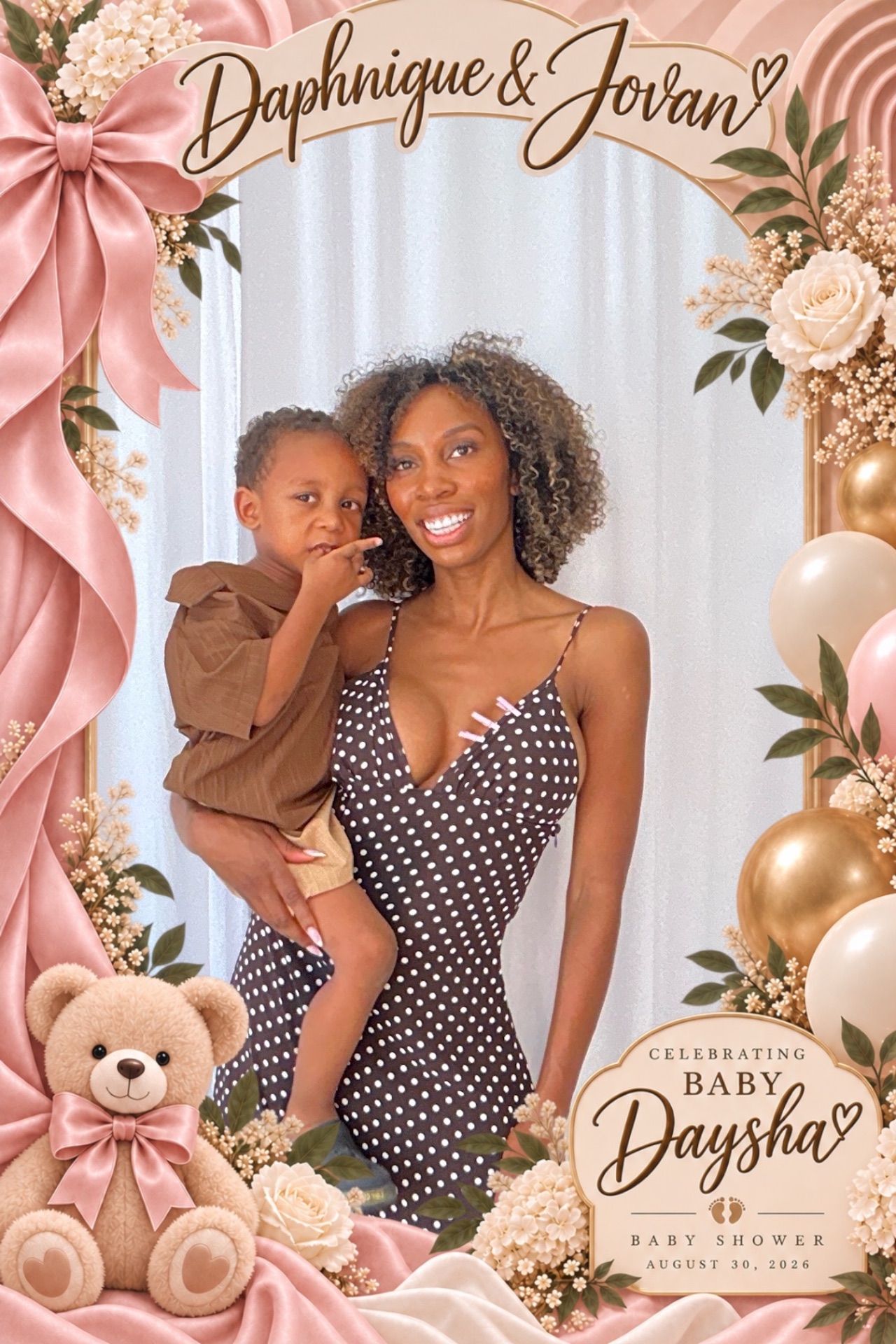 Mom and toddler in a branded baby shower photo booth template